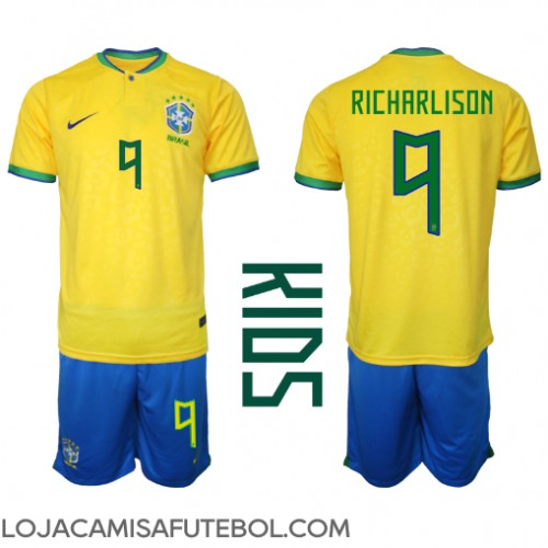 Camisa de Futebol Brasil Richarlison #9 Equipamento Principal Infantil Mundo 2022 Manga Curta (+ Calças curtas)